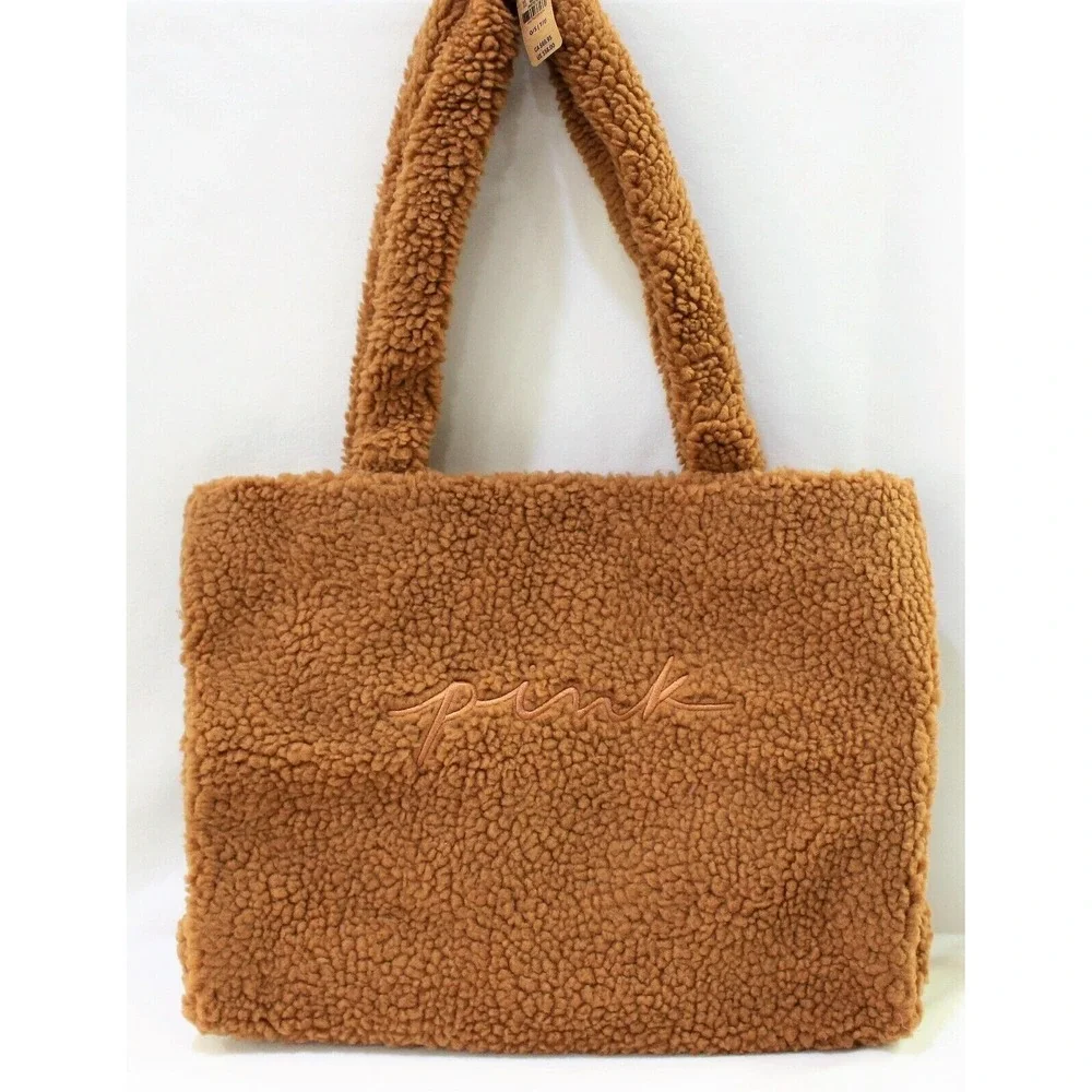 VICTORIA'S SECRET‎  PINK Plush Fleece Sherpa Brown TOTE BAG Snap Closure NEW